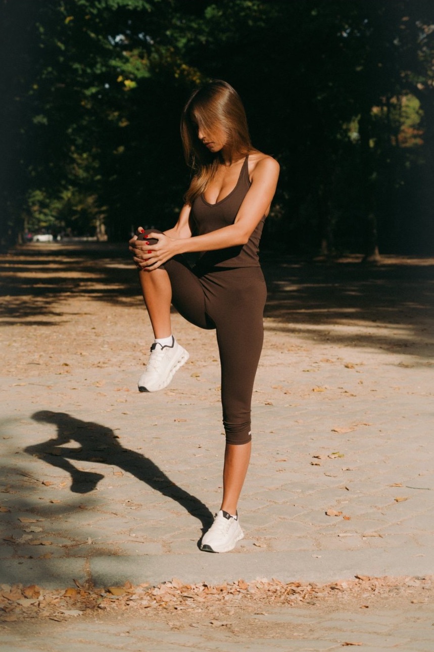 Stretching in the Espresso halter and capri
